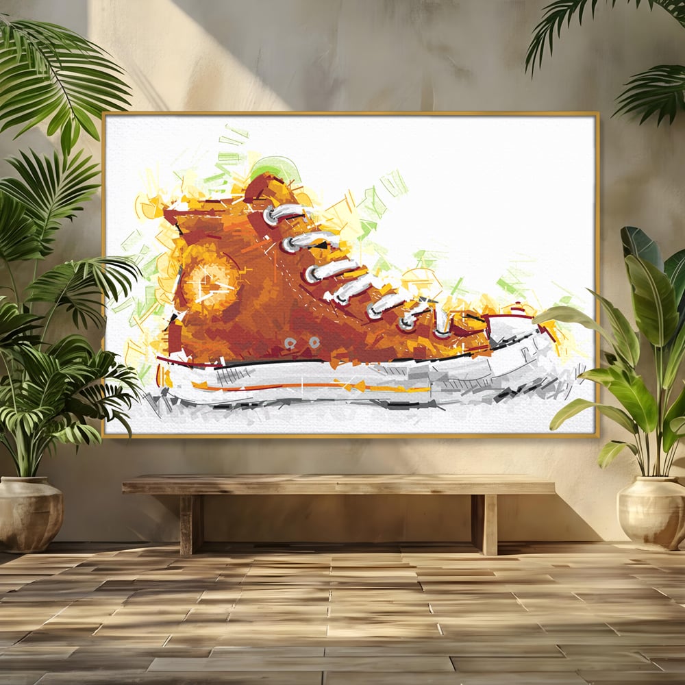 Tablou canvas cu tablou canvas cu tenisi portocalii, in rama de aluminiu auriu